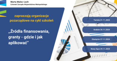 Źródła finansowania, granty – gdzie i jak aplikować – szkolenia dla małopolskich organizacji pozarządowych