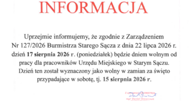 17 sierpnia 2026 r. Urząd Miejski w Starym Sączu będzie nieczynny. Przepraszamy za utrudnienia